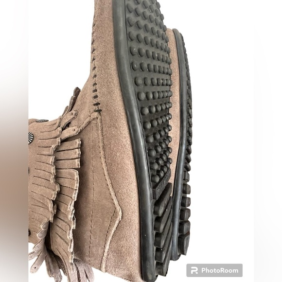 Minnetonka Tan Sued Studded Double Fringe Bootie Moccasins - Picture 3 of 4